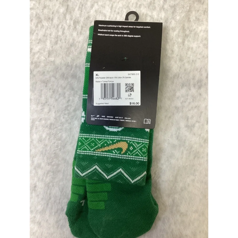 Nike Elite Basketball Crew Socks Green Holiday Fair Isle XL 12-15 SX7866-312